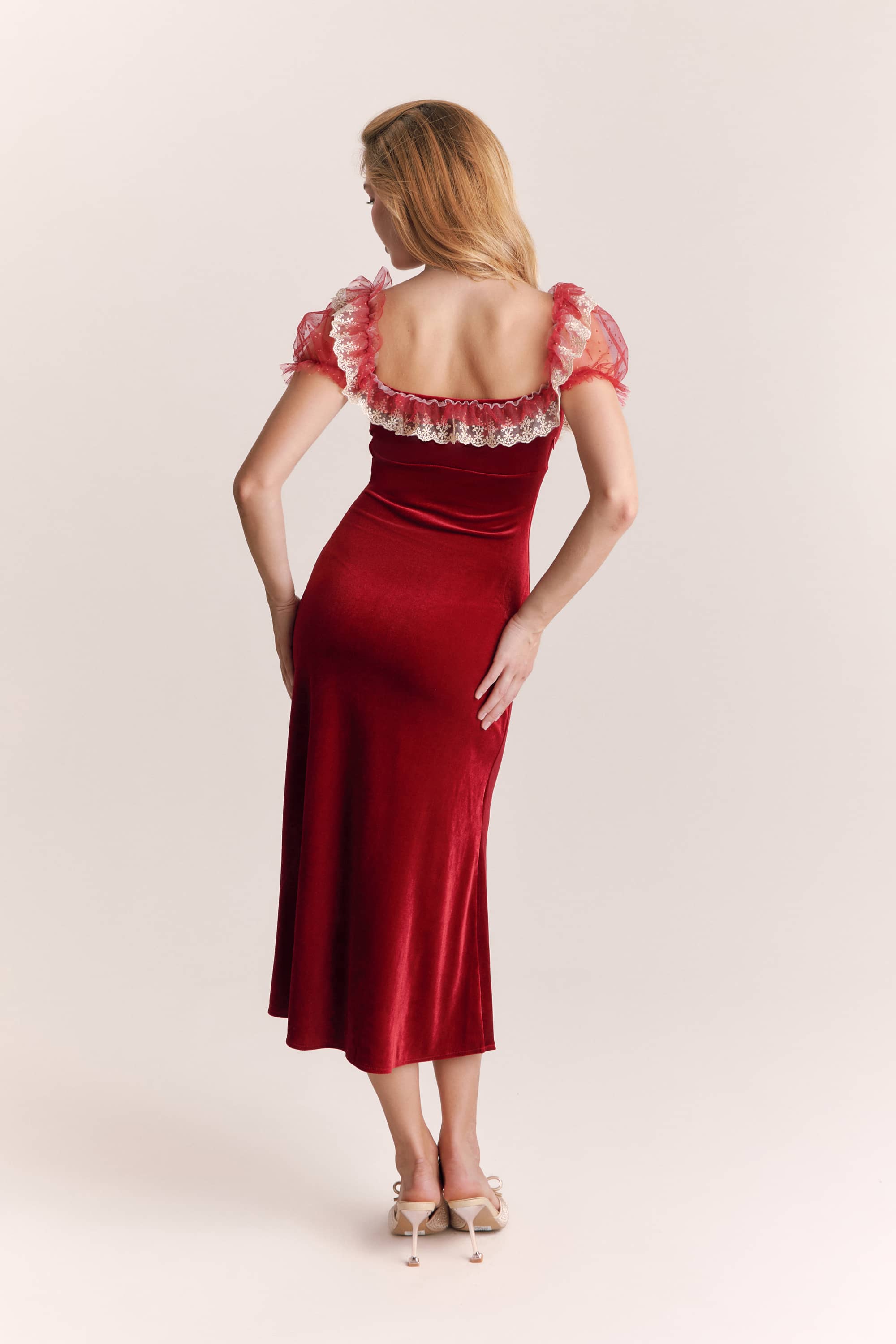 Amelia Knit Velvet Midi Dress in Ruby Red