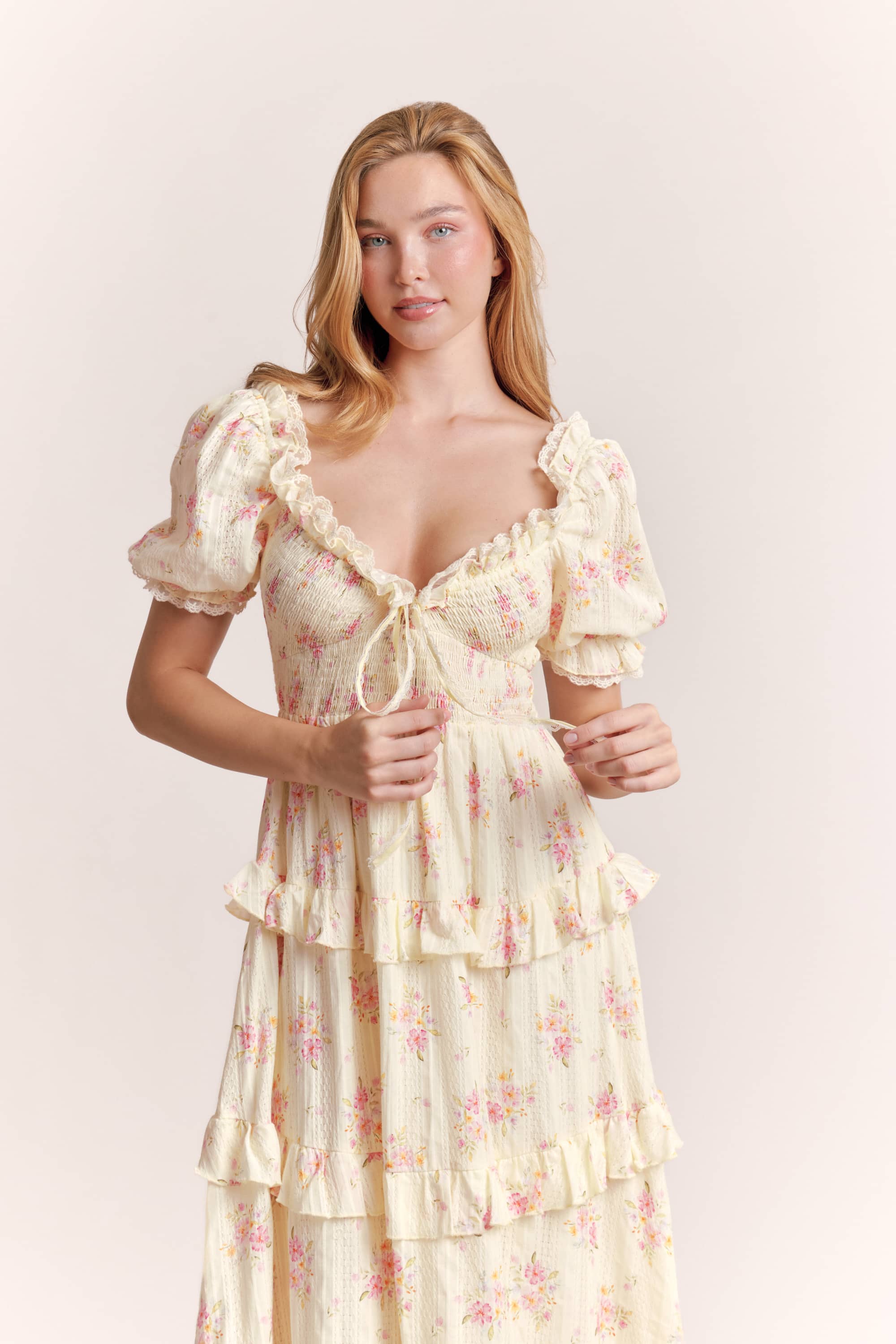 Anabel Floral Cotton Maxi Dress in Beige