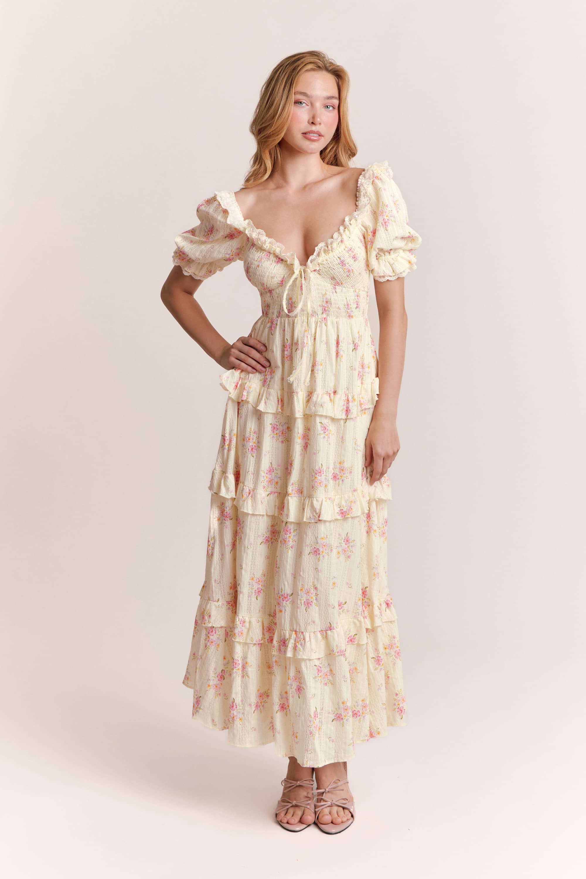 Anabel Floral Cotton Maxi Dress in Beige