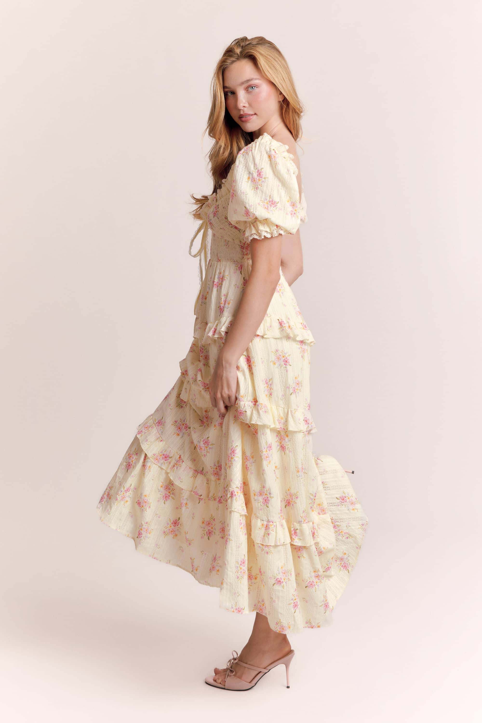 Anabel Floral Cotton Maxi Dress in Beige