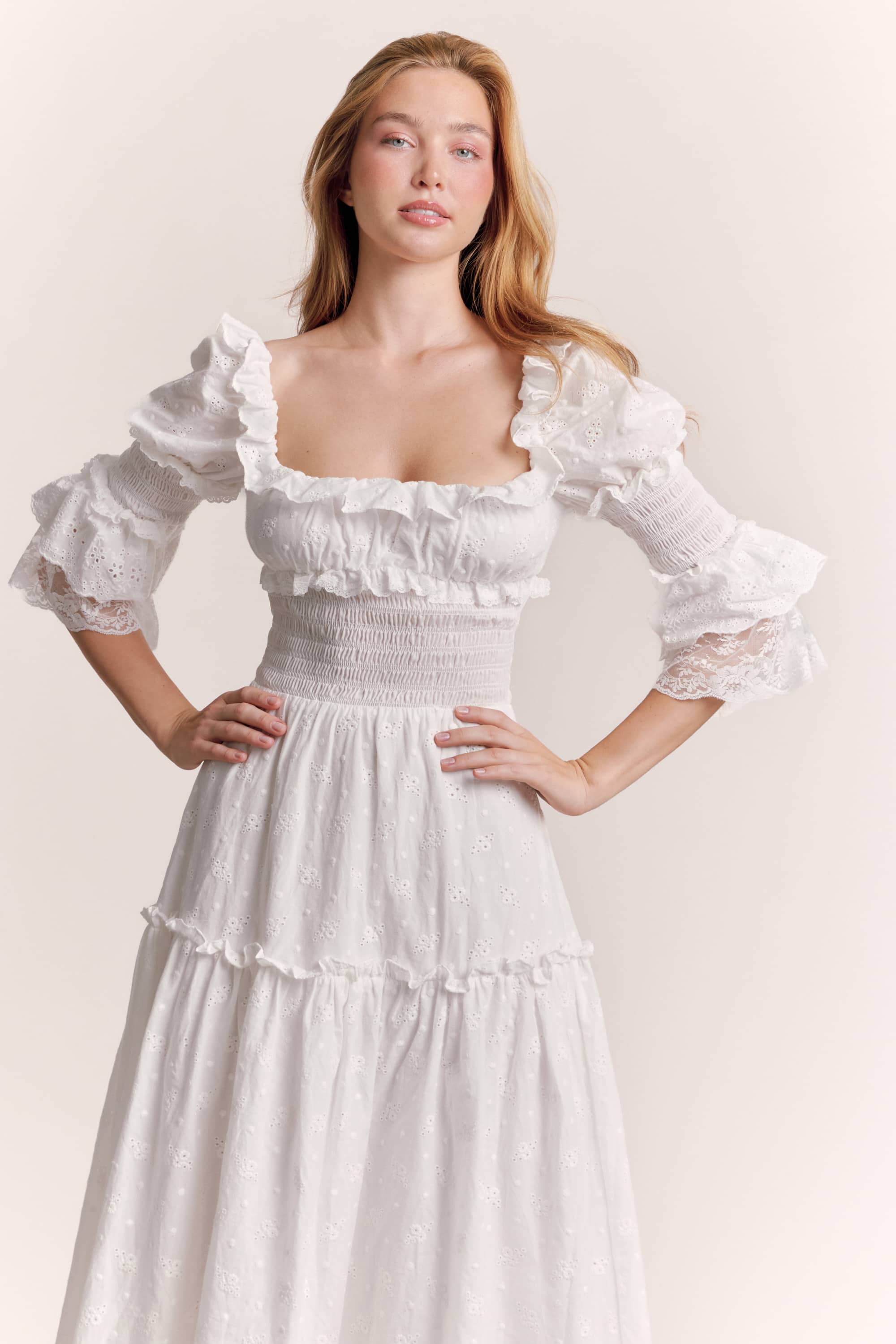 Claudia Embroidered Cotton Midi Dress in White