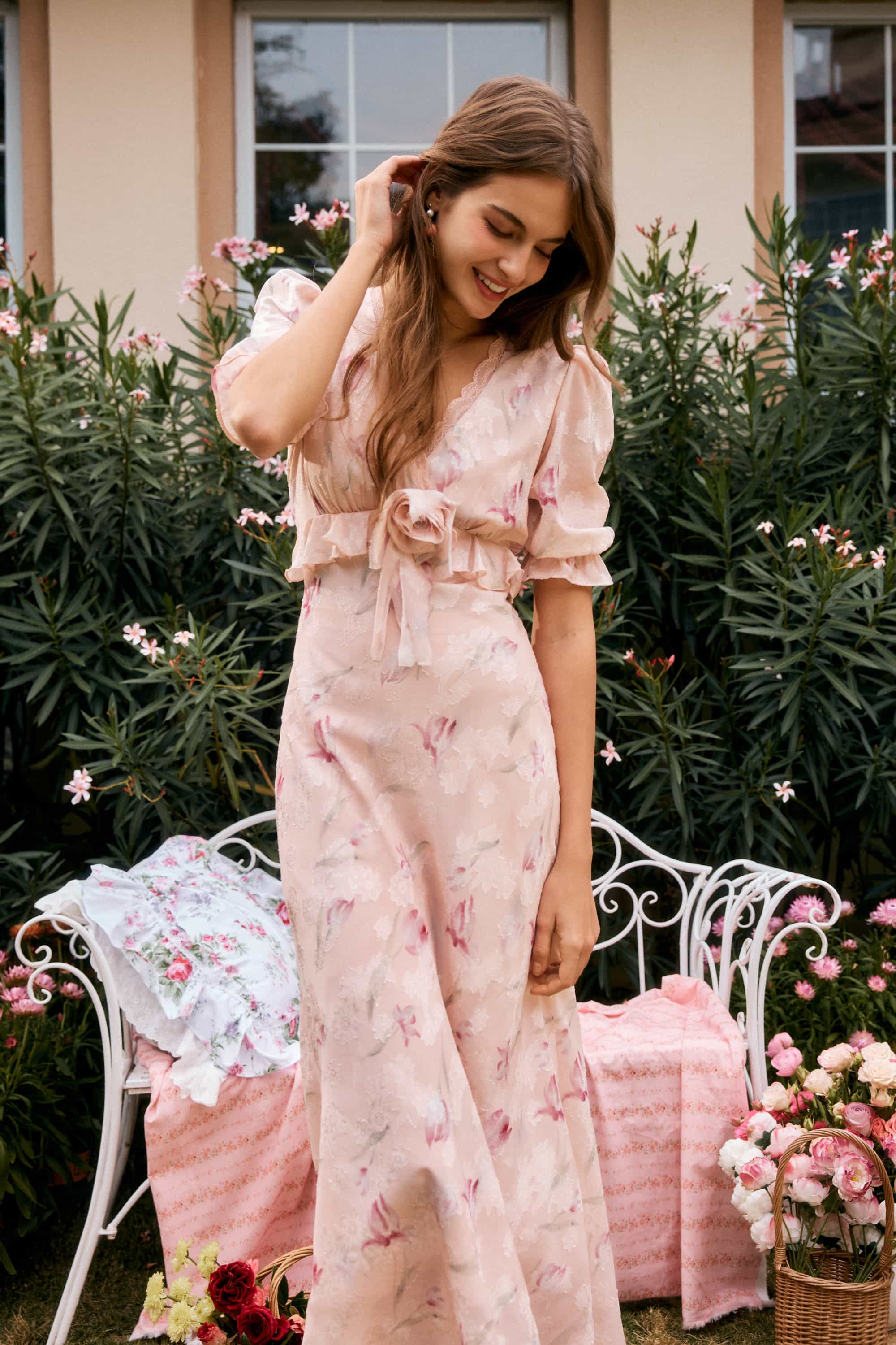 Archie Applique Chiffon Maxi Dress in Shell Pink