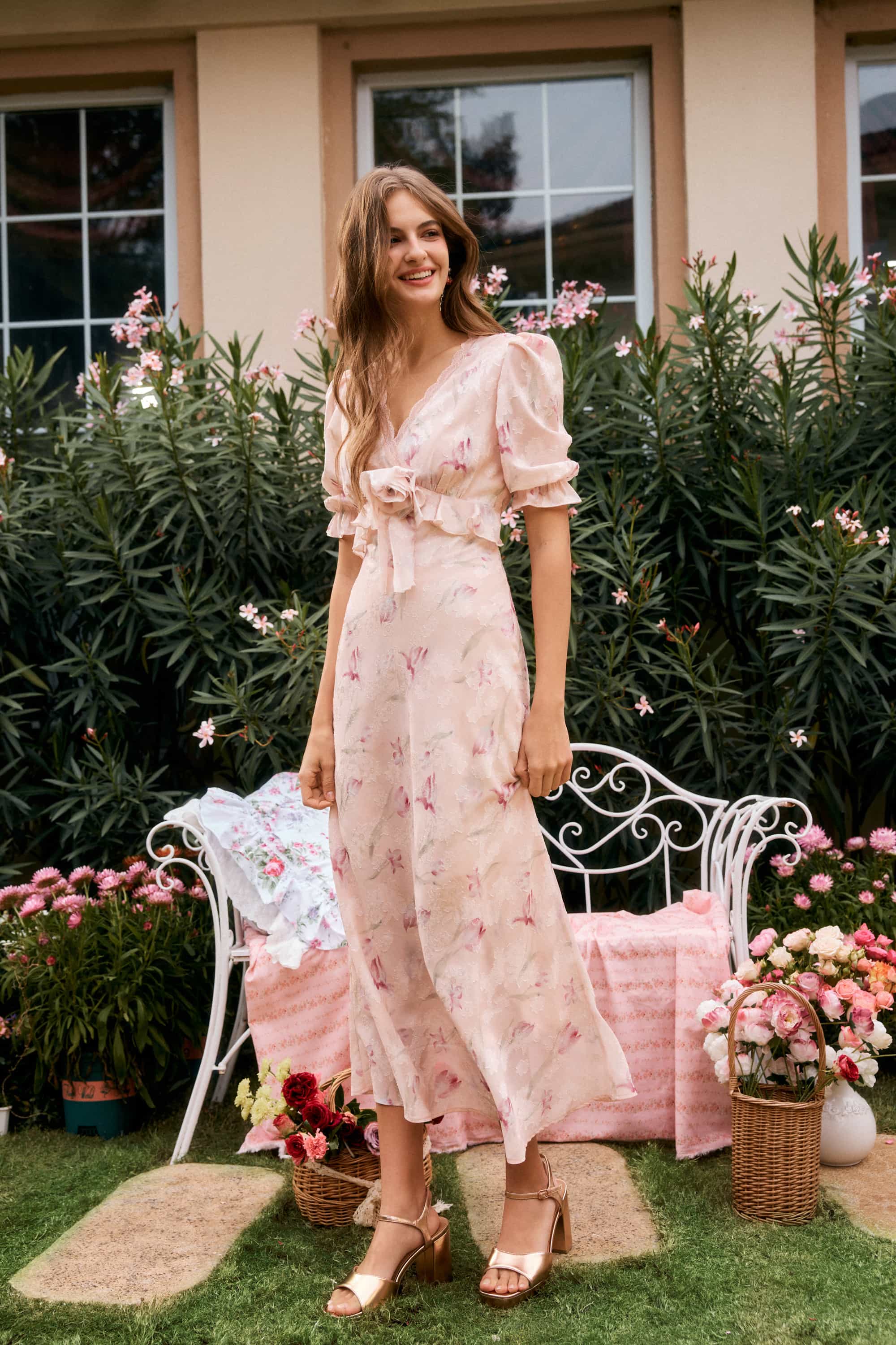 Archie Applique Chiffon Maxi Dress in Shell Pink