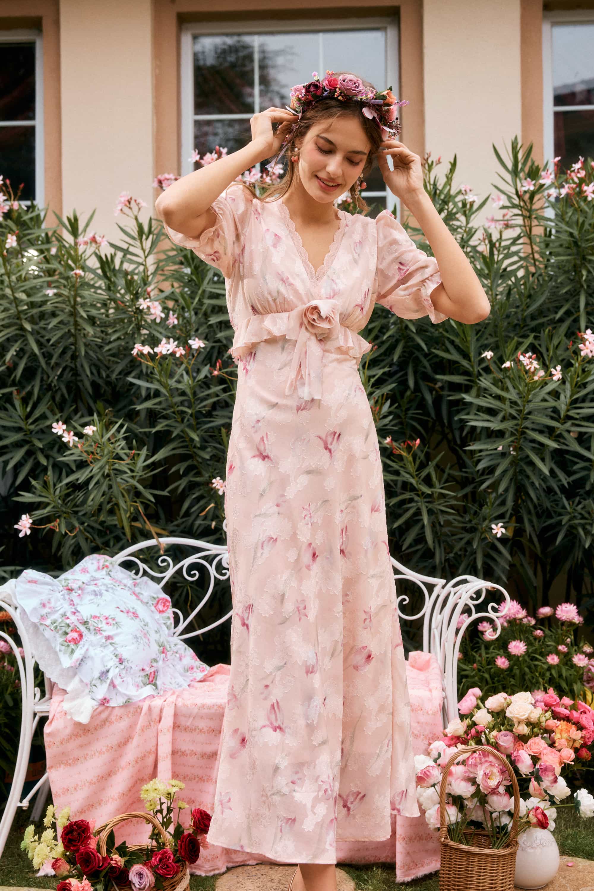 Archie Applique Chiffon Maxi Dress in Shell Pink