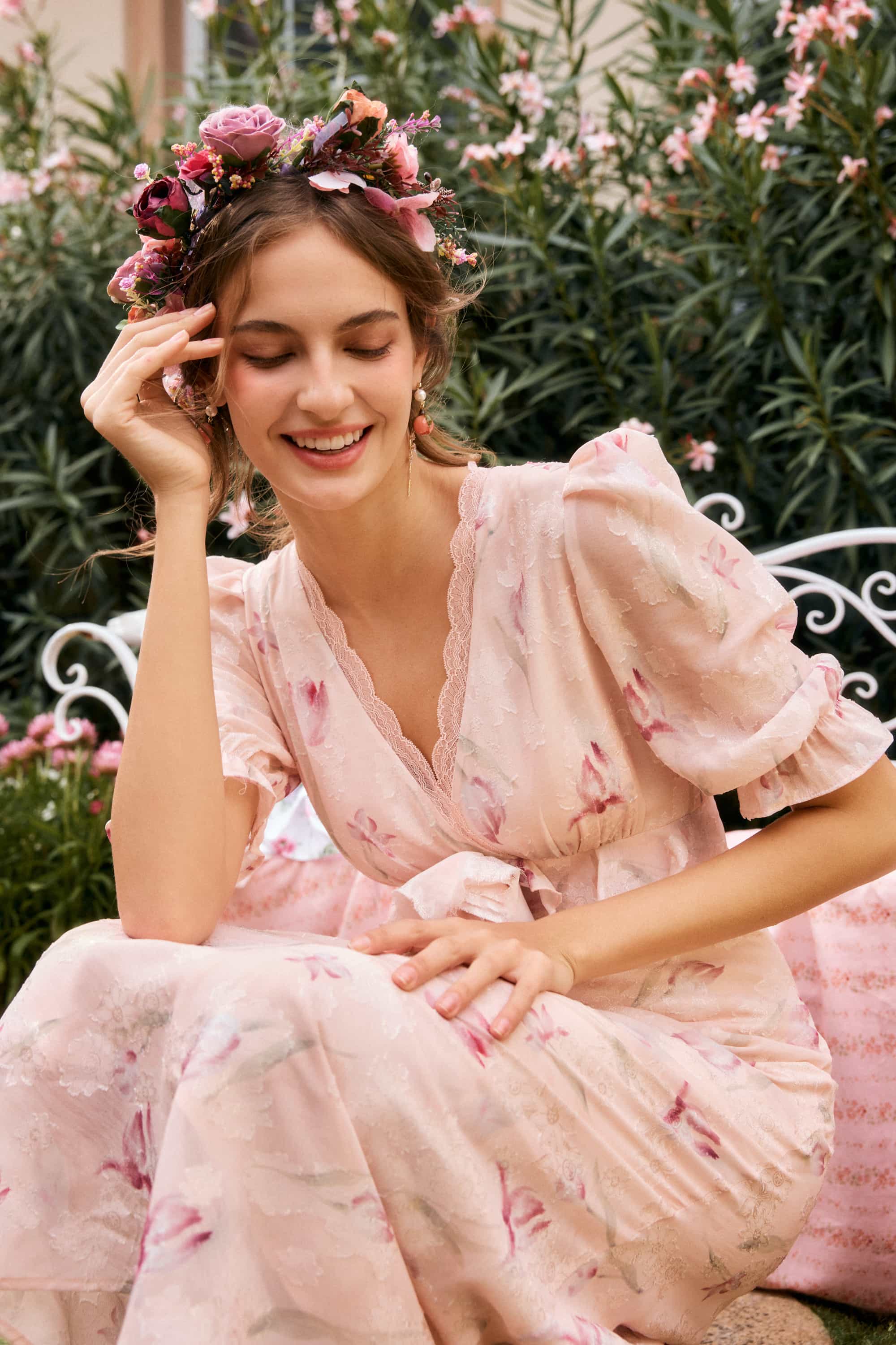 Archie Applique Chiffon Maxi Dress in Shell Pink