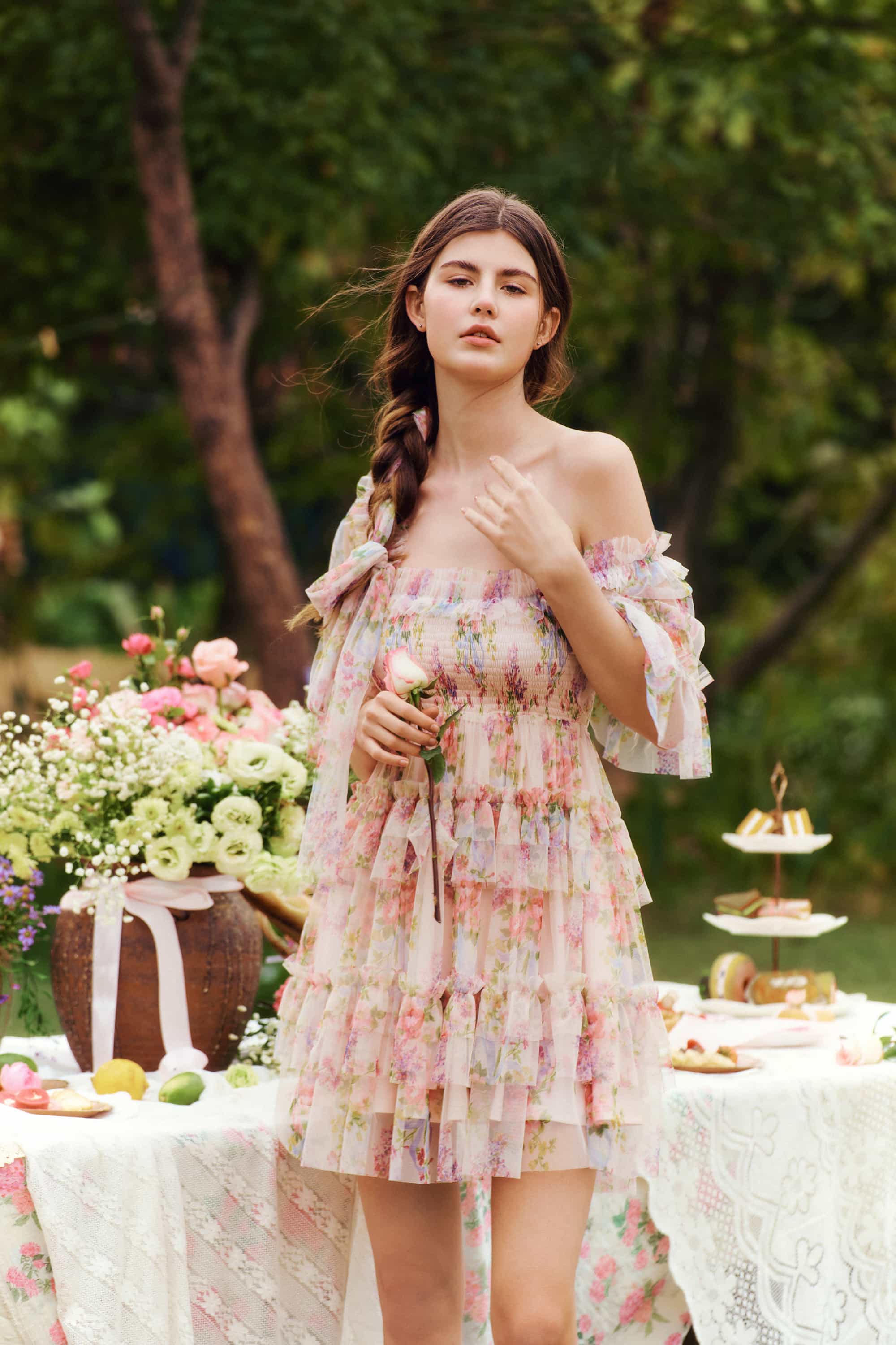Beatrice Floral Tulle Mini Dress in Rosette Nude
