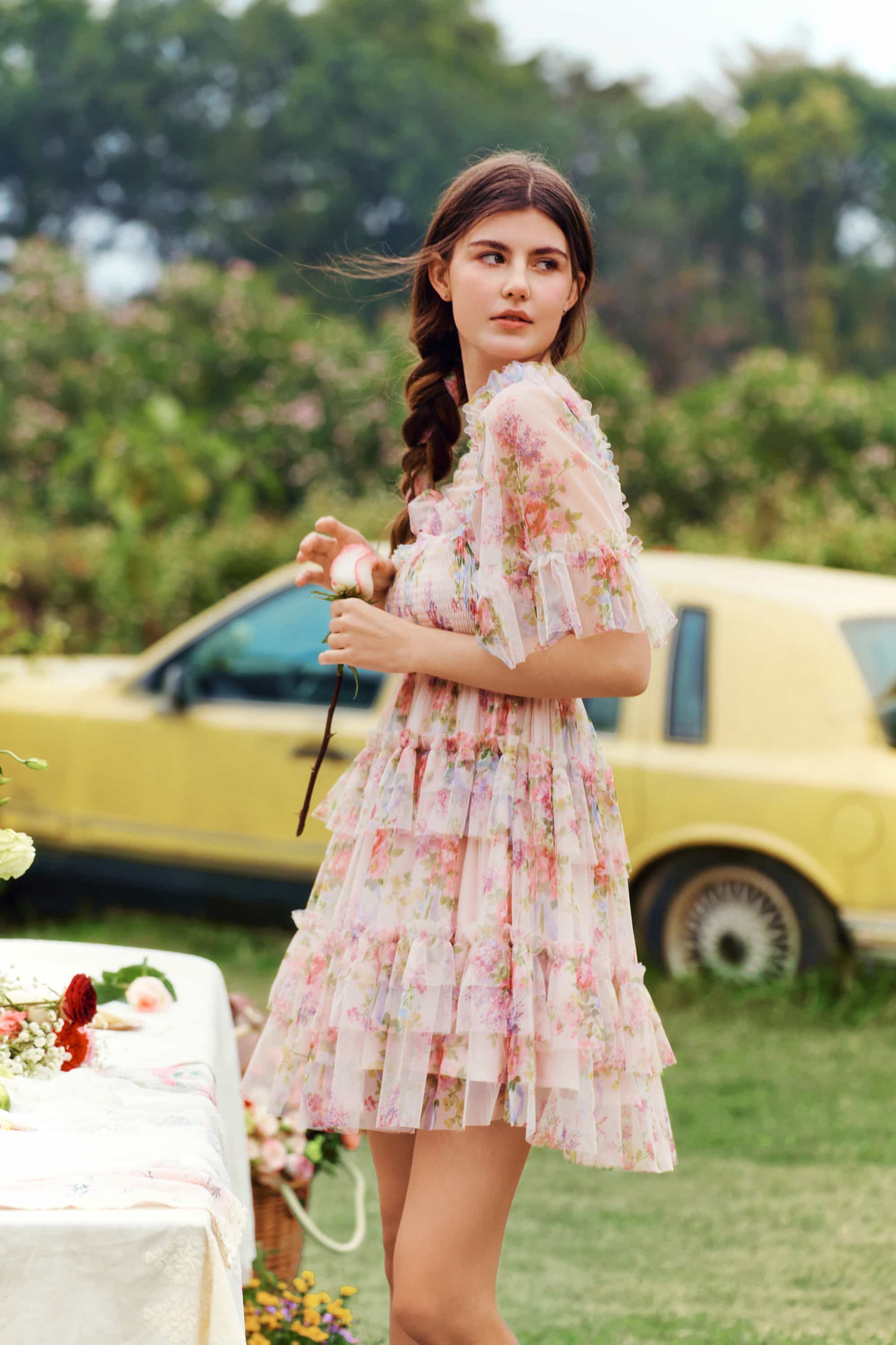 Beatrice Floral Tulle Mini Dress in Rosette Nude