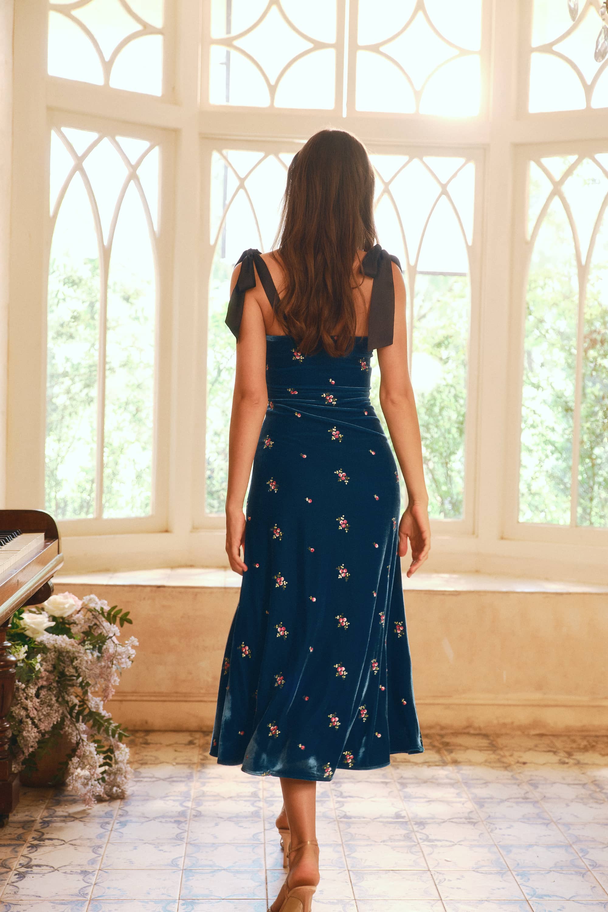 Julia Embroidered velvet Maxi Dress in Sapphire Blue