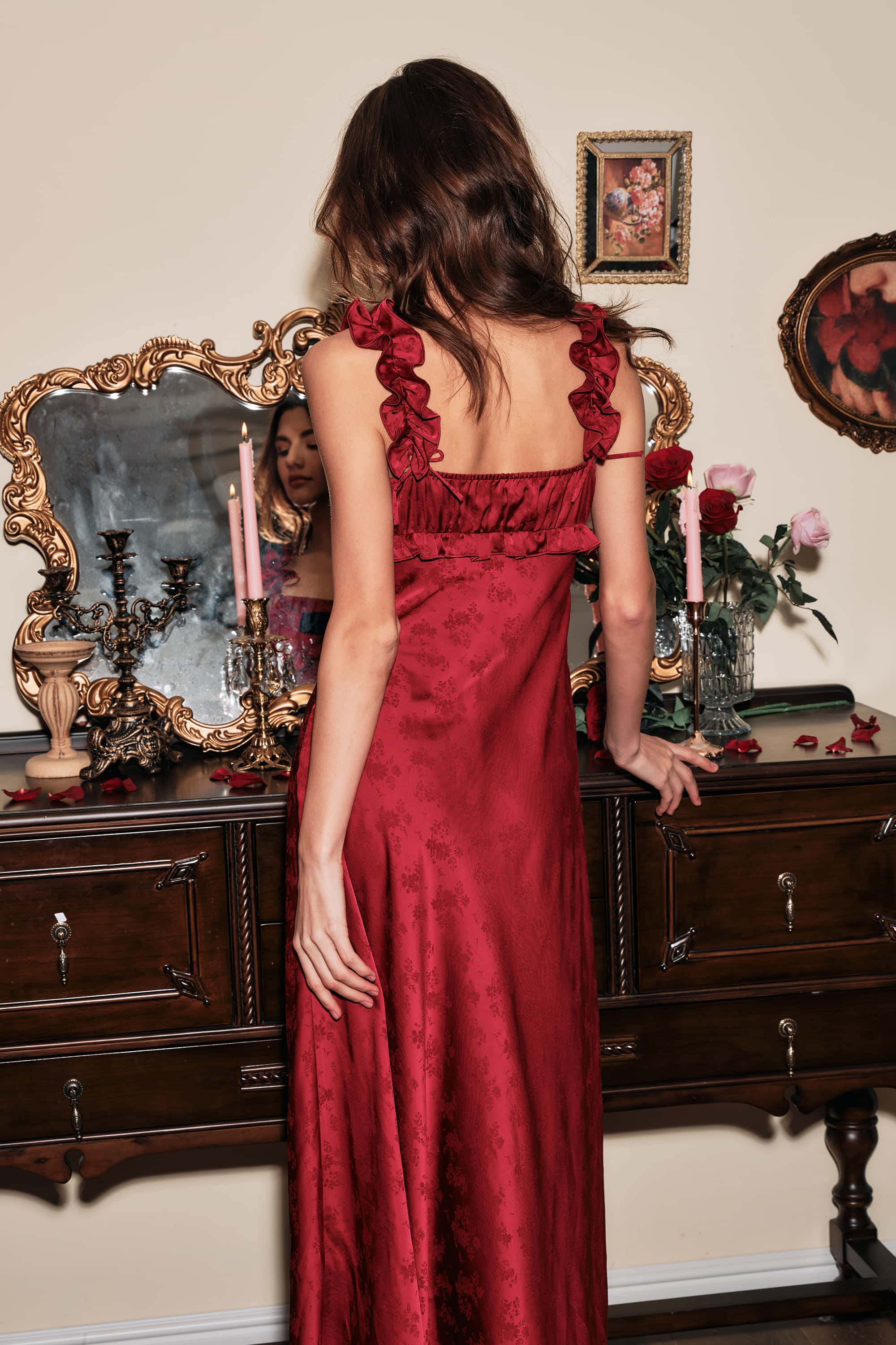 Malika Jacquard Satin Maxi Dress in Ruby Red