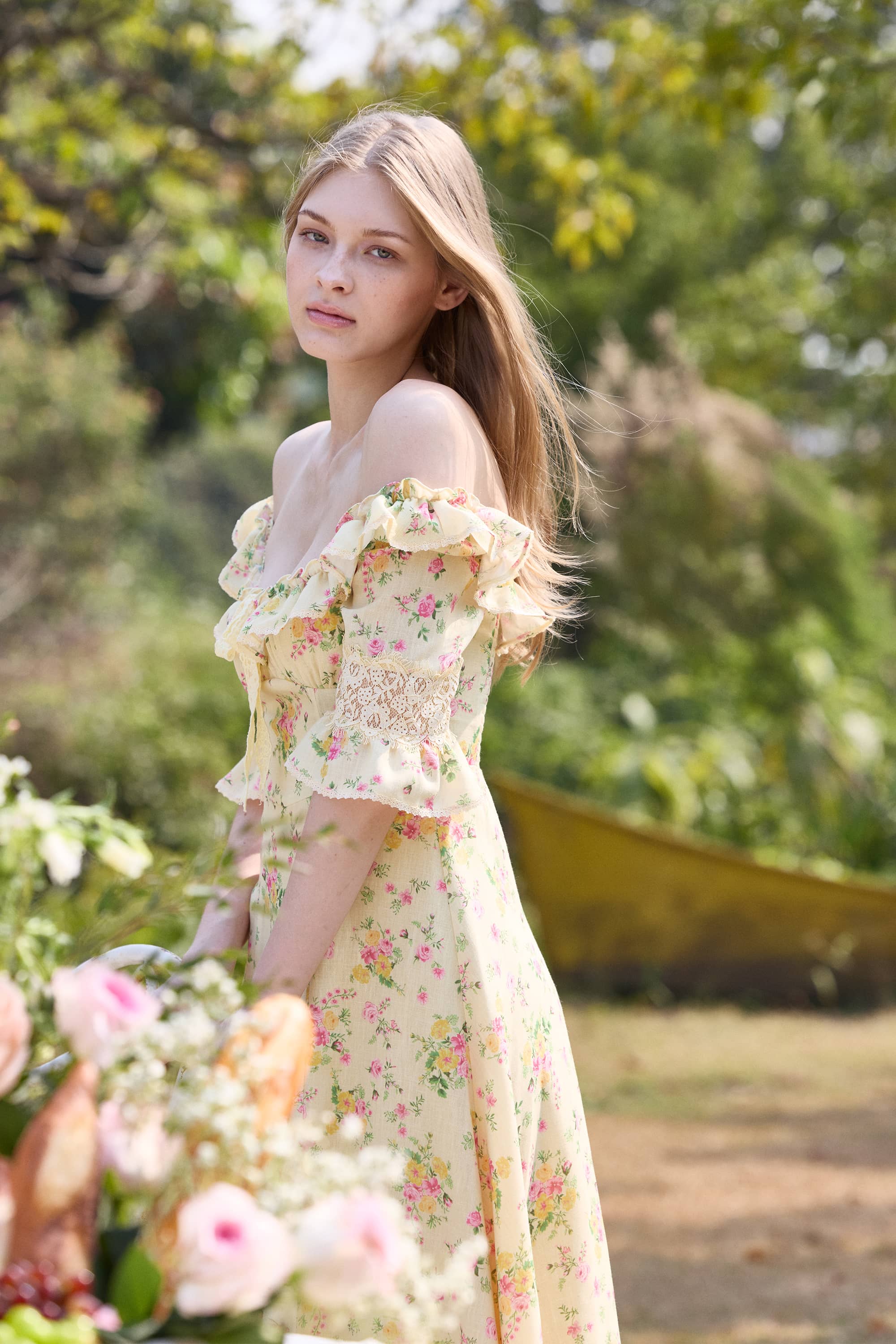 Madeleine Ruffled Floral Midi Dress in Butter Yellow