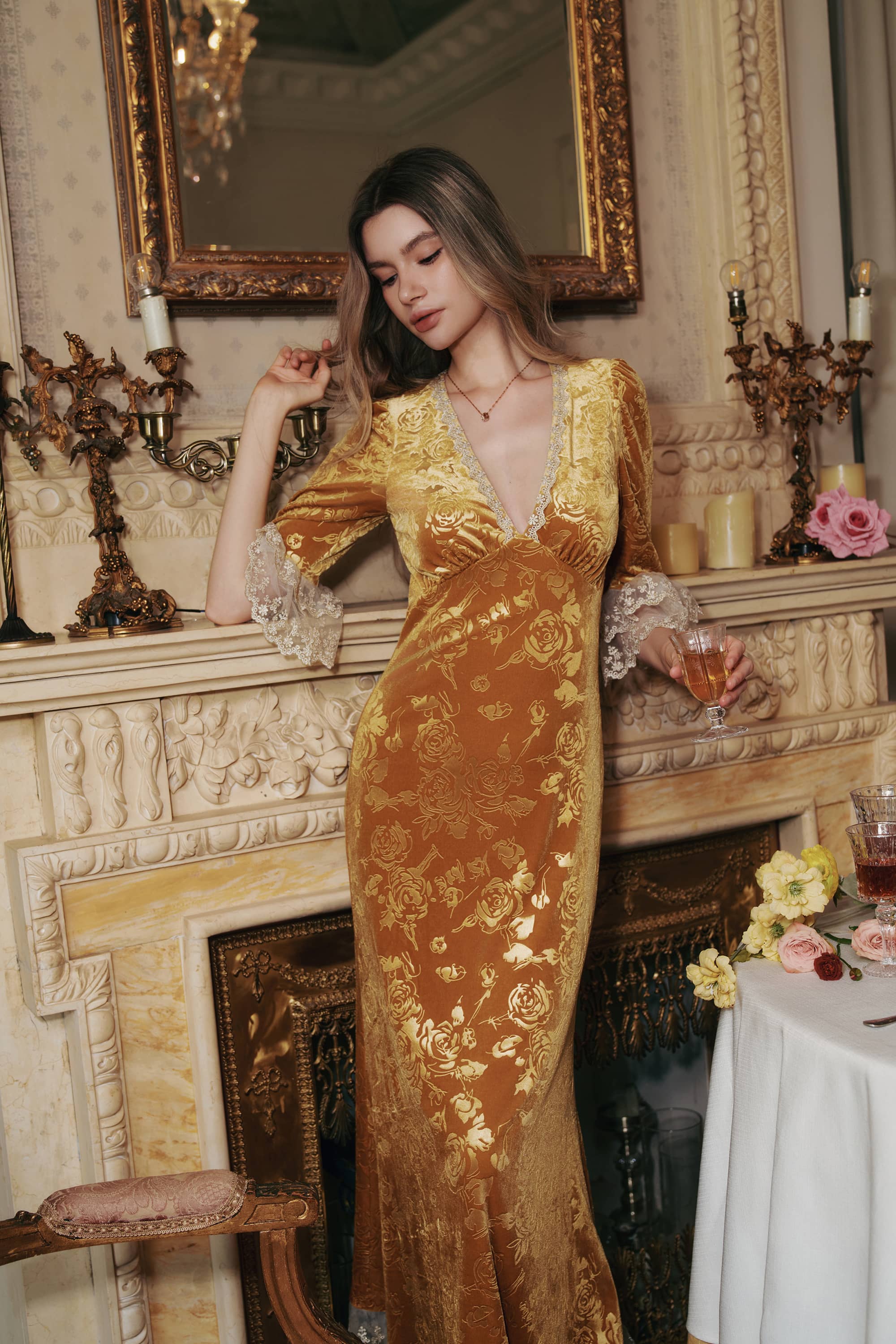 Gwyneth Embossed Velevt Maxi Dress in Gold