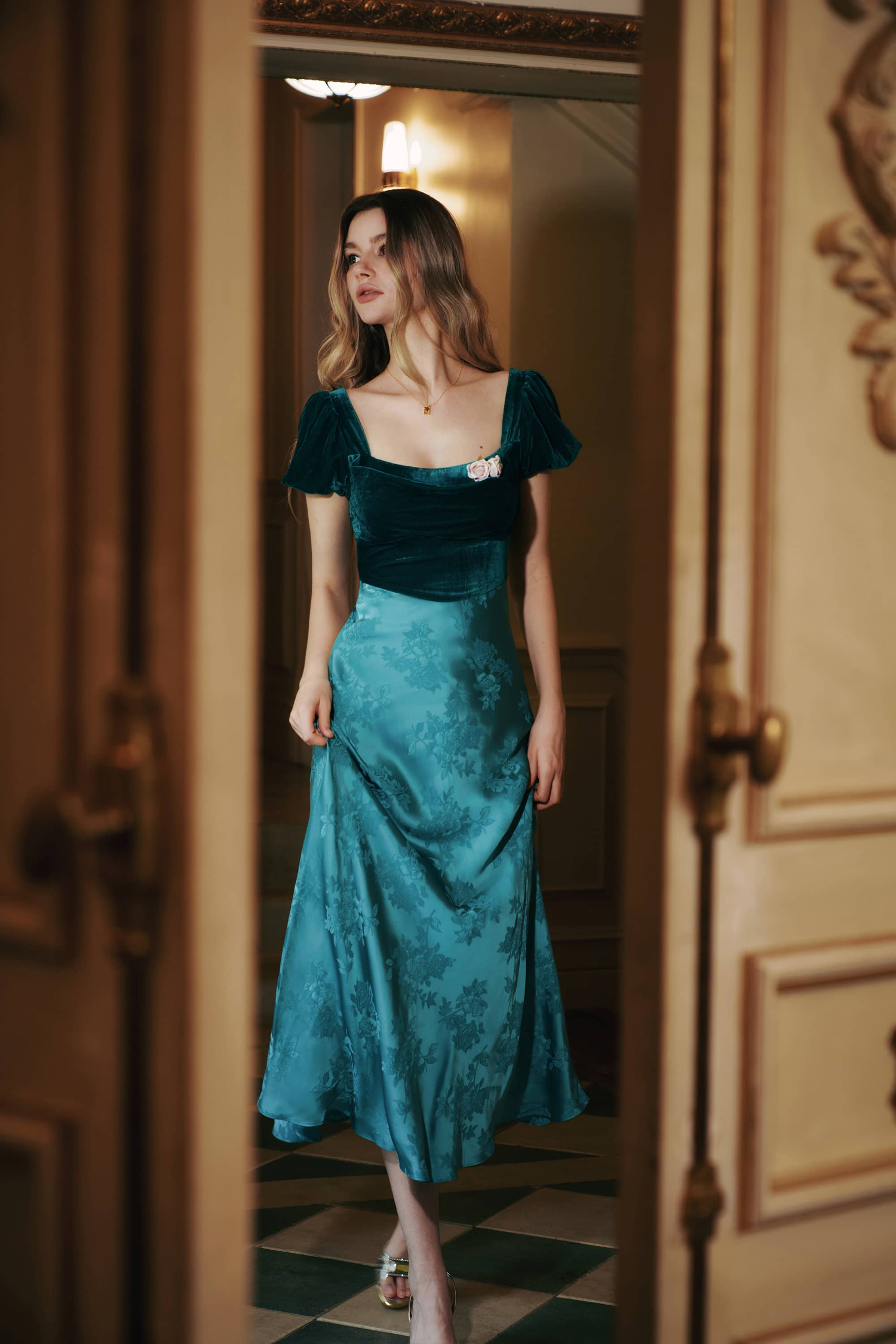 Laurel Velvet and Jacquard Satin Patchwork Maxi Dress in Jade Green