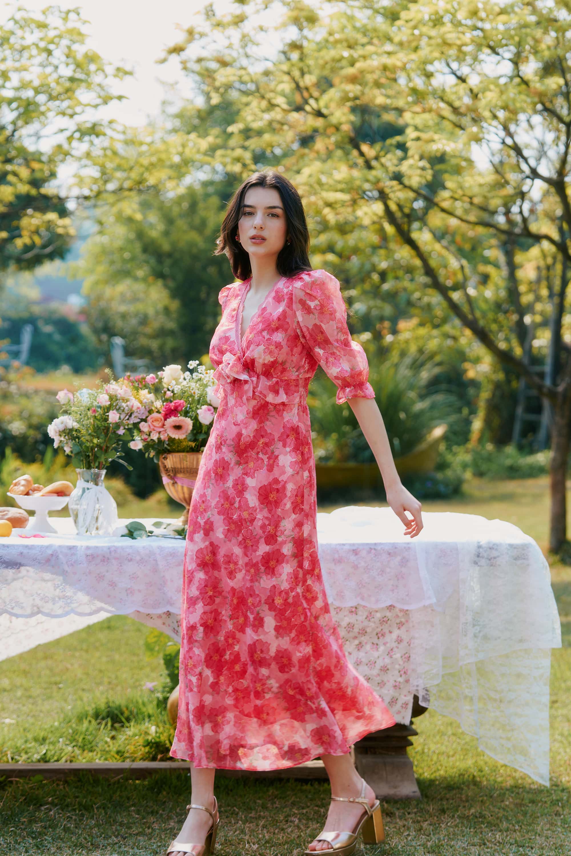 Archie Applique Chiffon Maxi Dress in Hibiscus Red