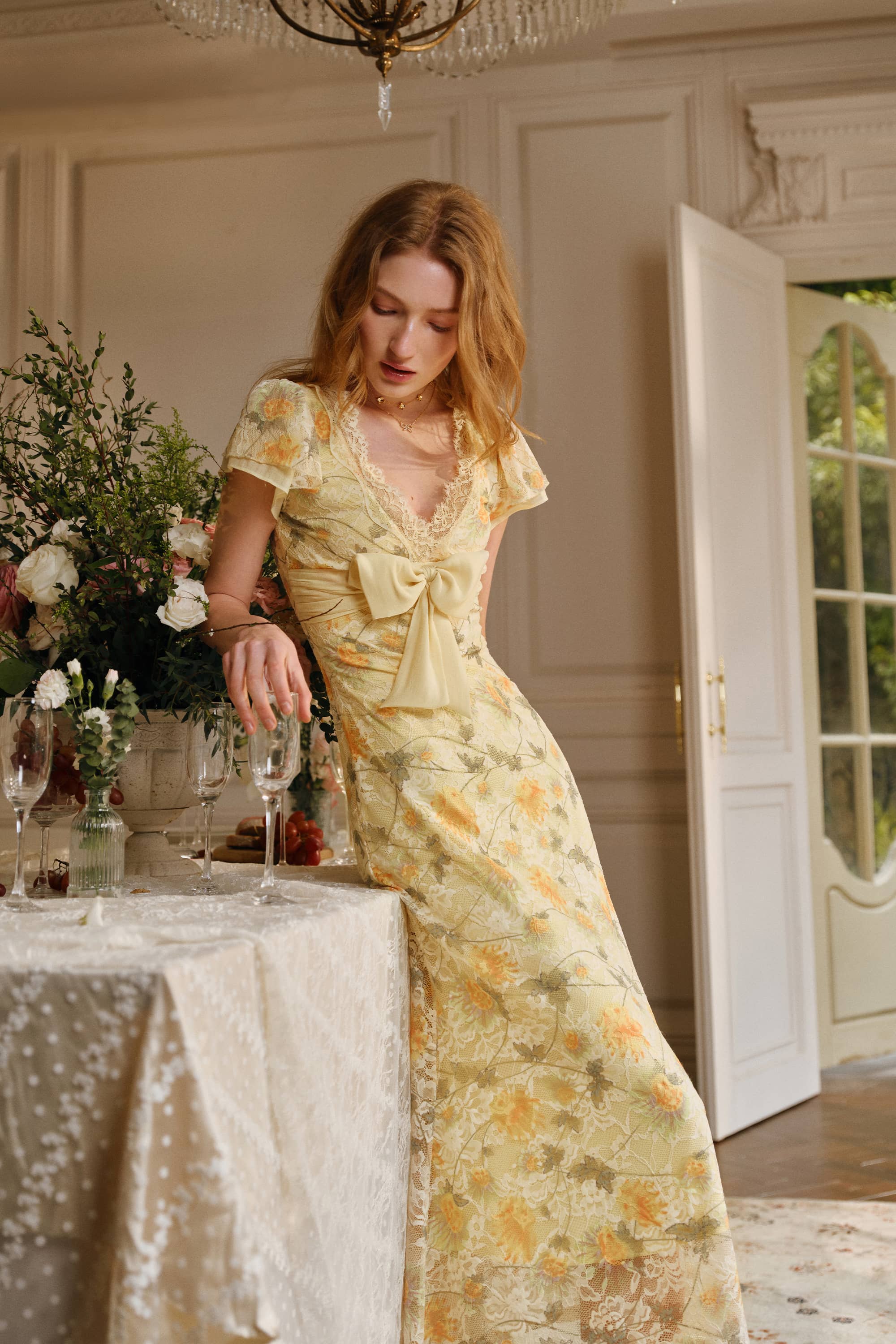 Maribel Stretch Lace Midi Dress in Sunflower Yellow