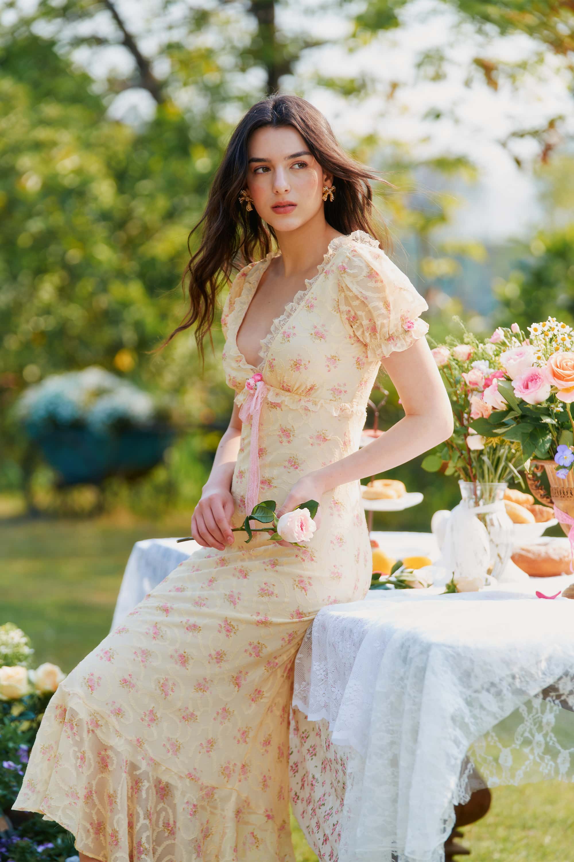 Maeve Applique Chiffon Midi Dress in Marigold Yellow