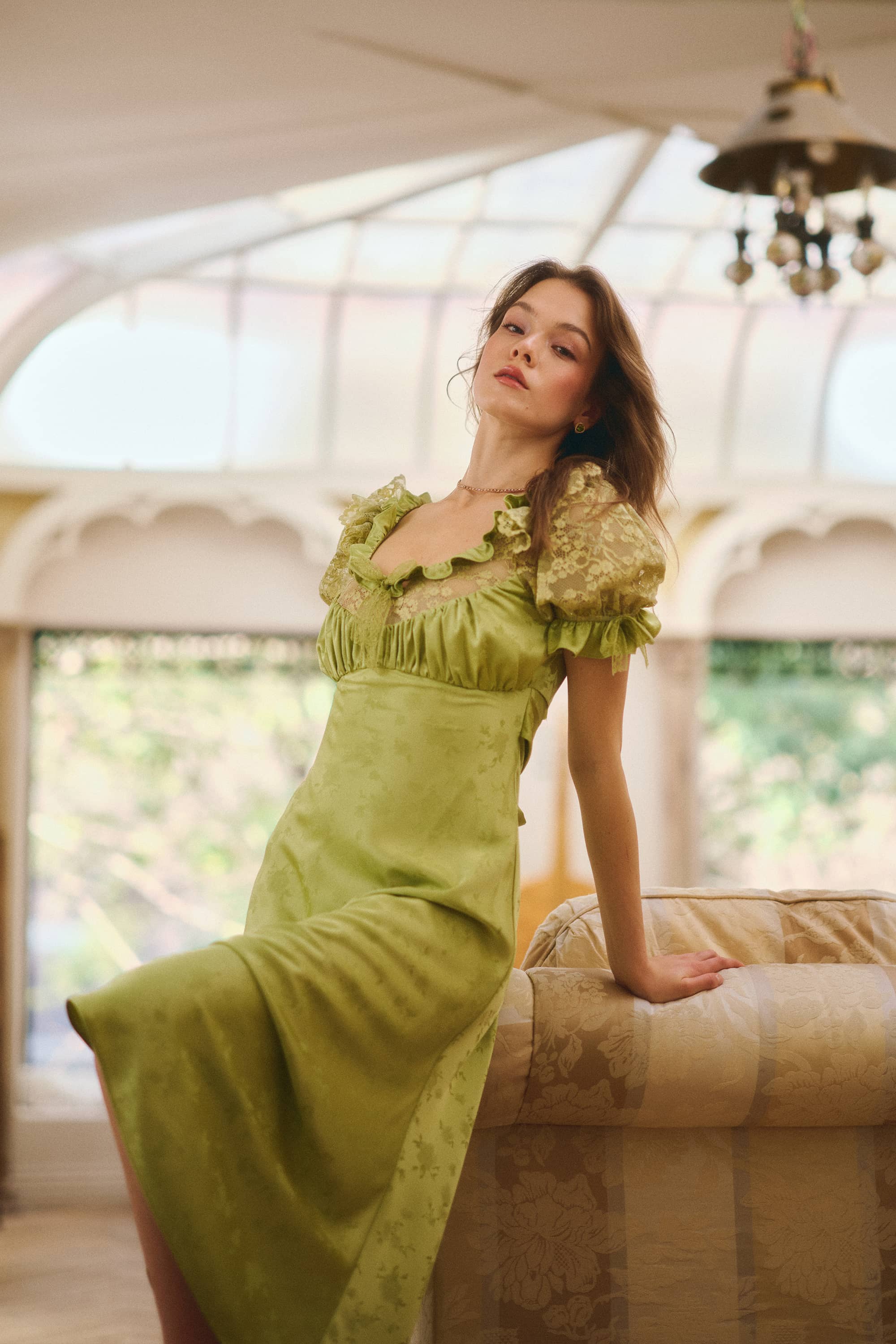 Alessia Jacquard Satin Midi Dress in Chartreuse Green