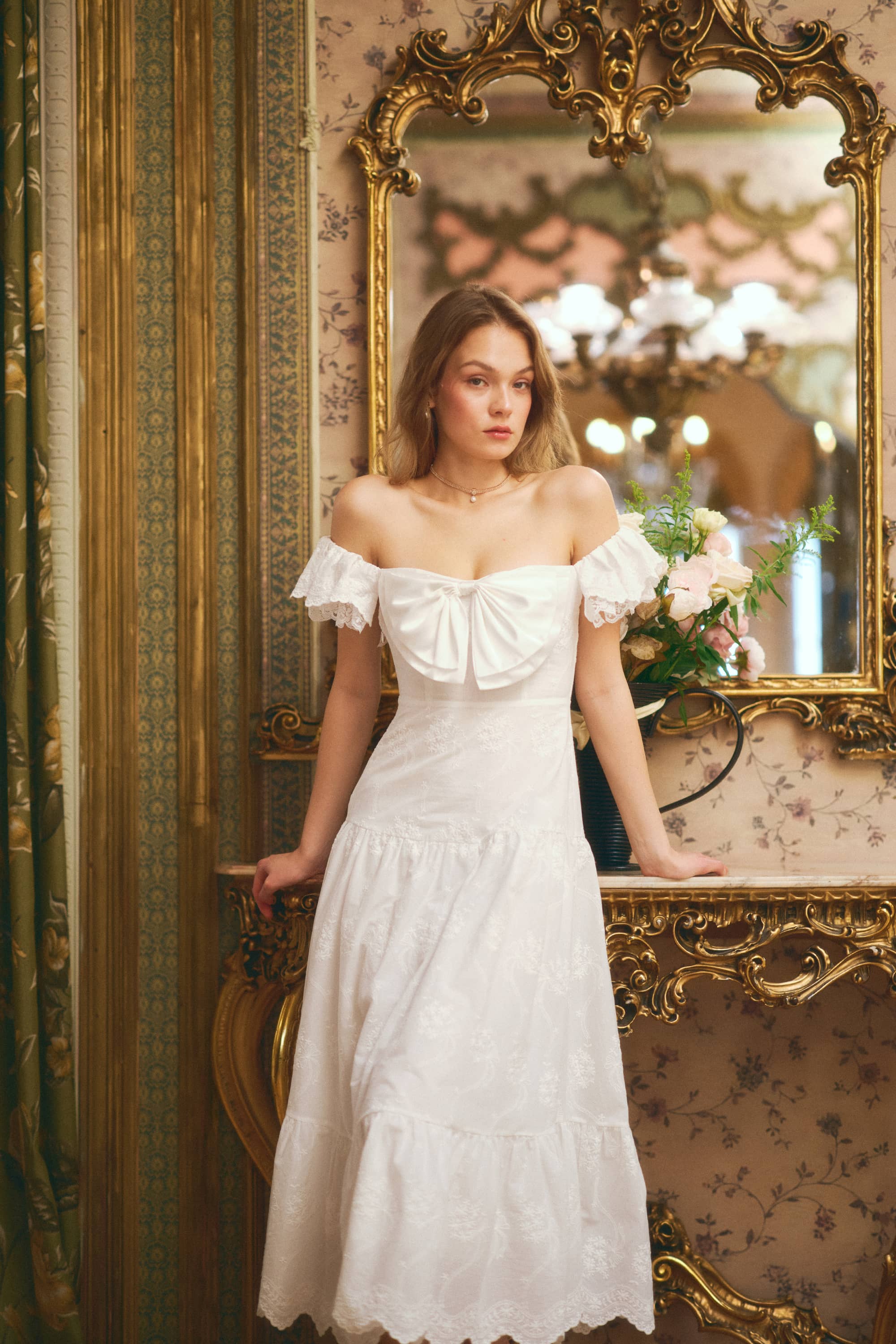 Sabrina Embroidered Cotton Midi Dress in White