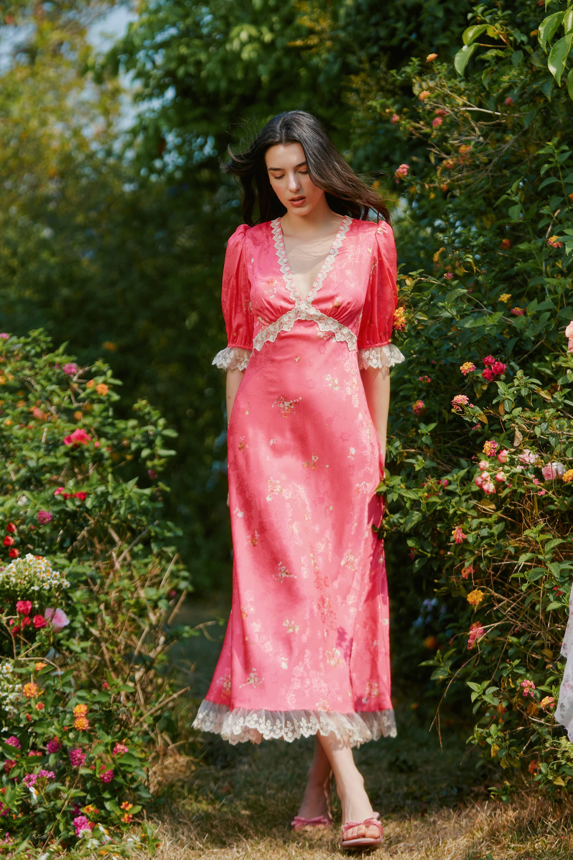 Divia Jacquard Satin Midi Dress in Bittersweet Red