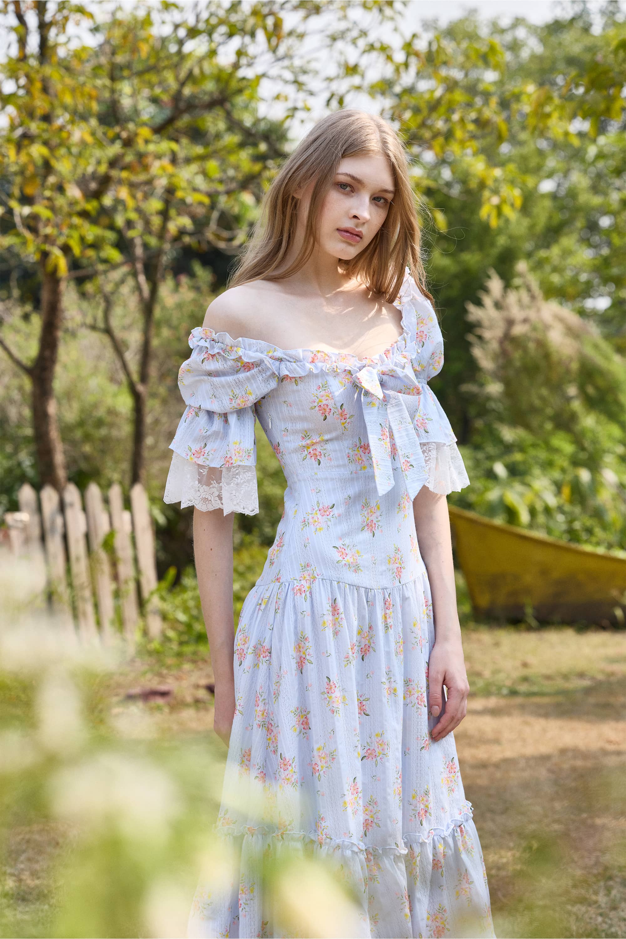 Tatiana Floral Cotton Midi Dress in Soft Horizon Blue