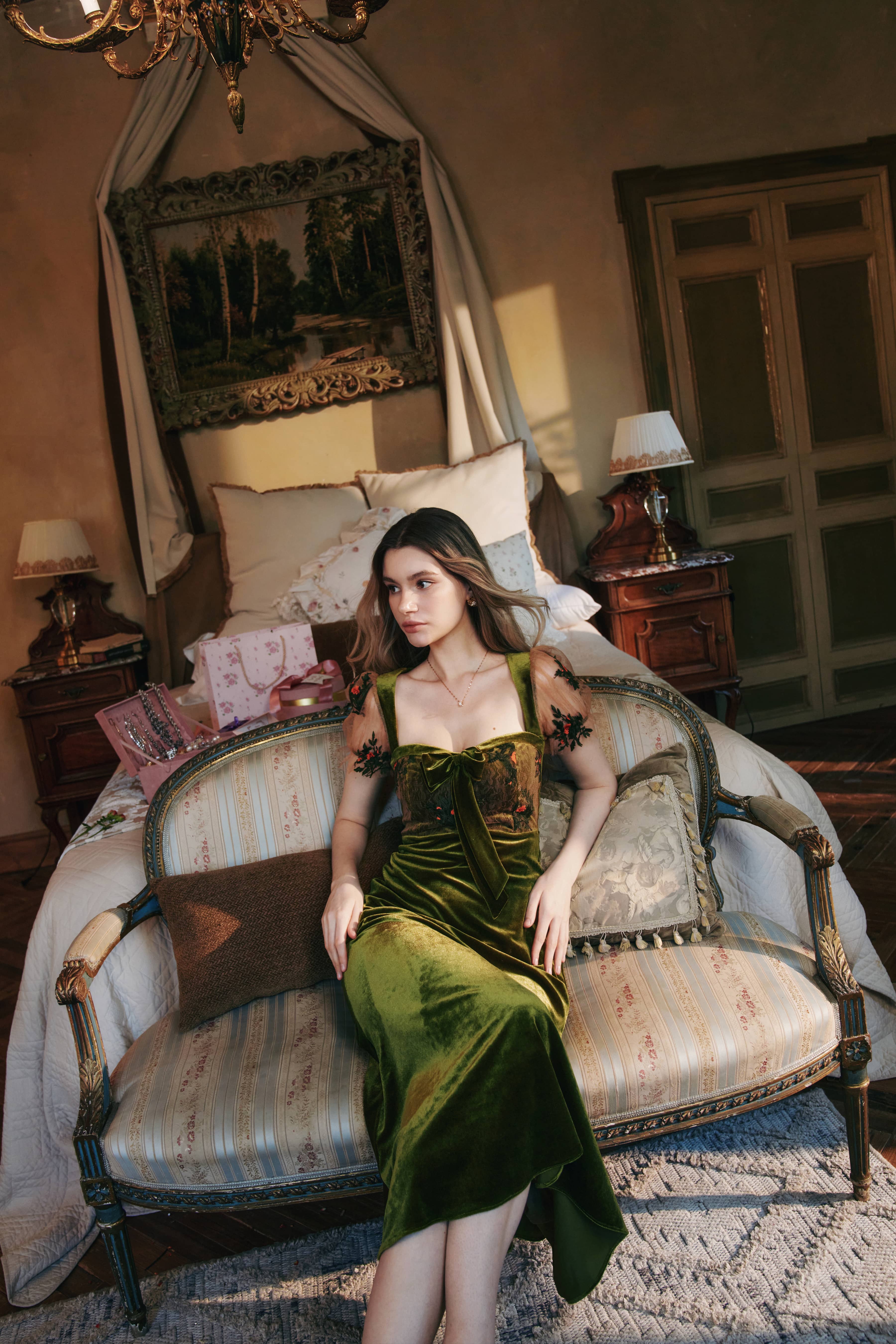 Olivia Knit Velvet Midi Dress in Moss Green
