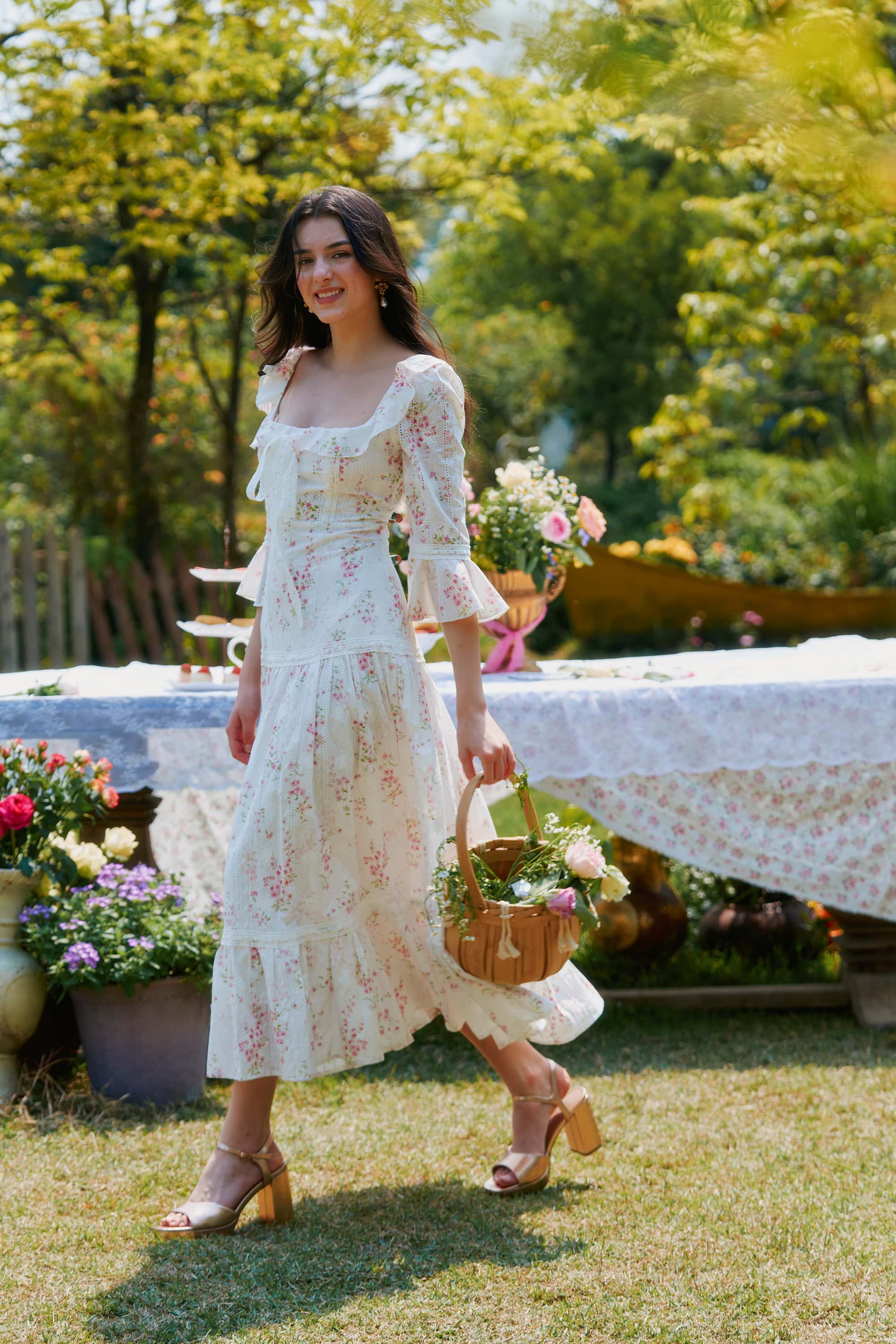 Hera Floral Cotton Midi Dress in White