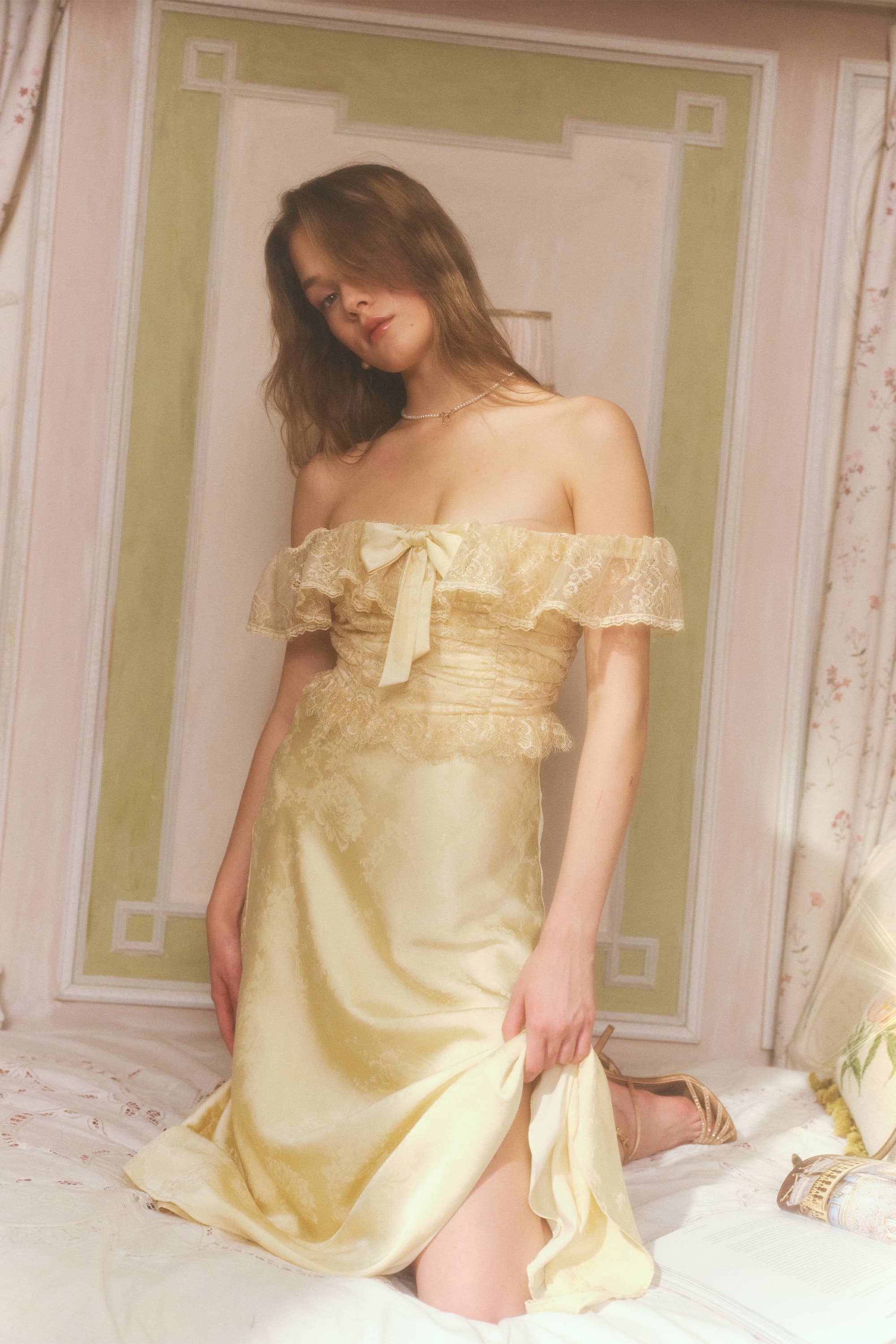 Camellia Jacquard Satin Midi Dress in Buttercream Yellow