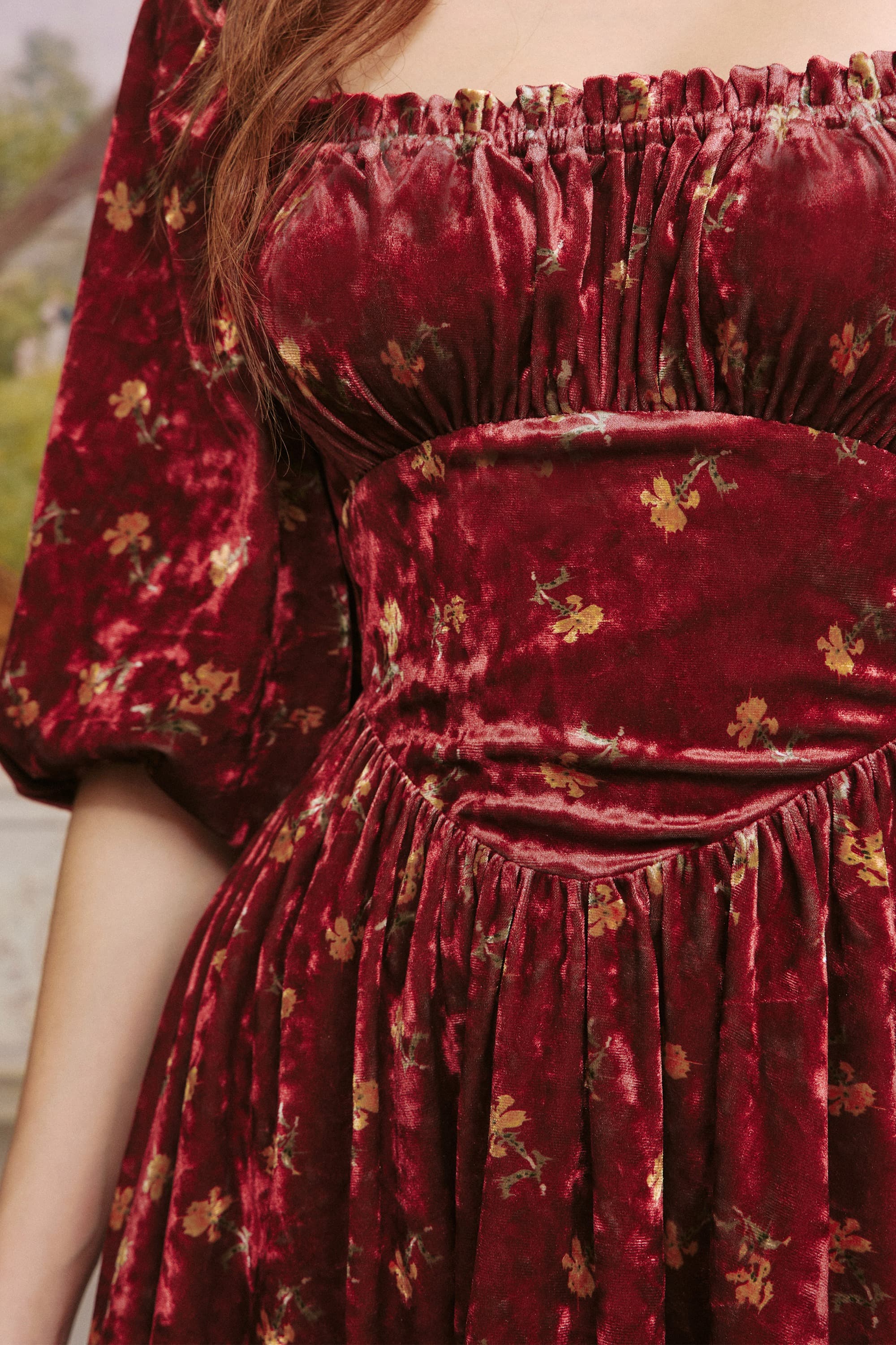 Betty Floral Velvet Mini Dress in Burgundy Red