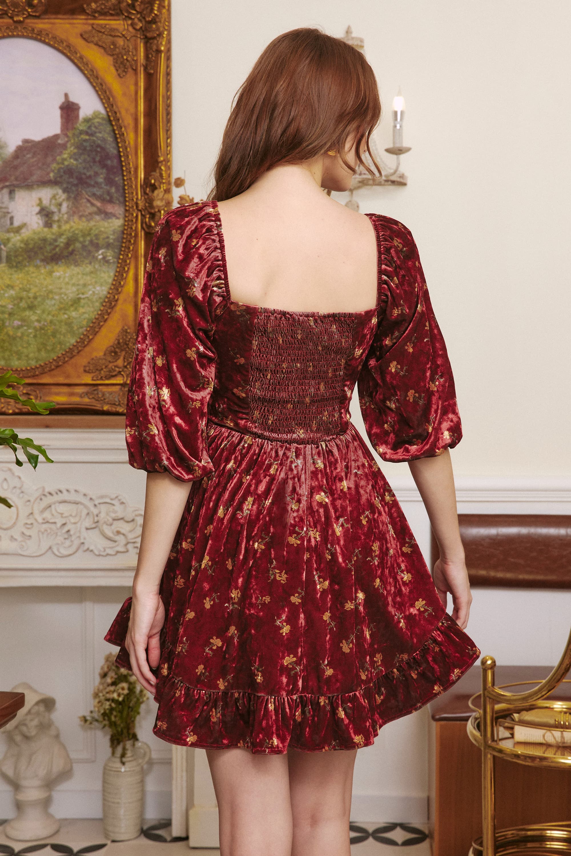 Betty Floral Velvet Mini Dress in Burgundy Red