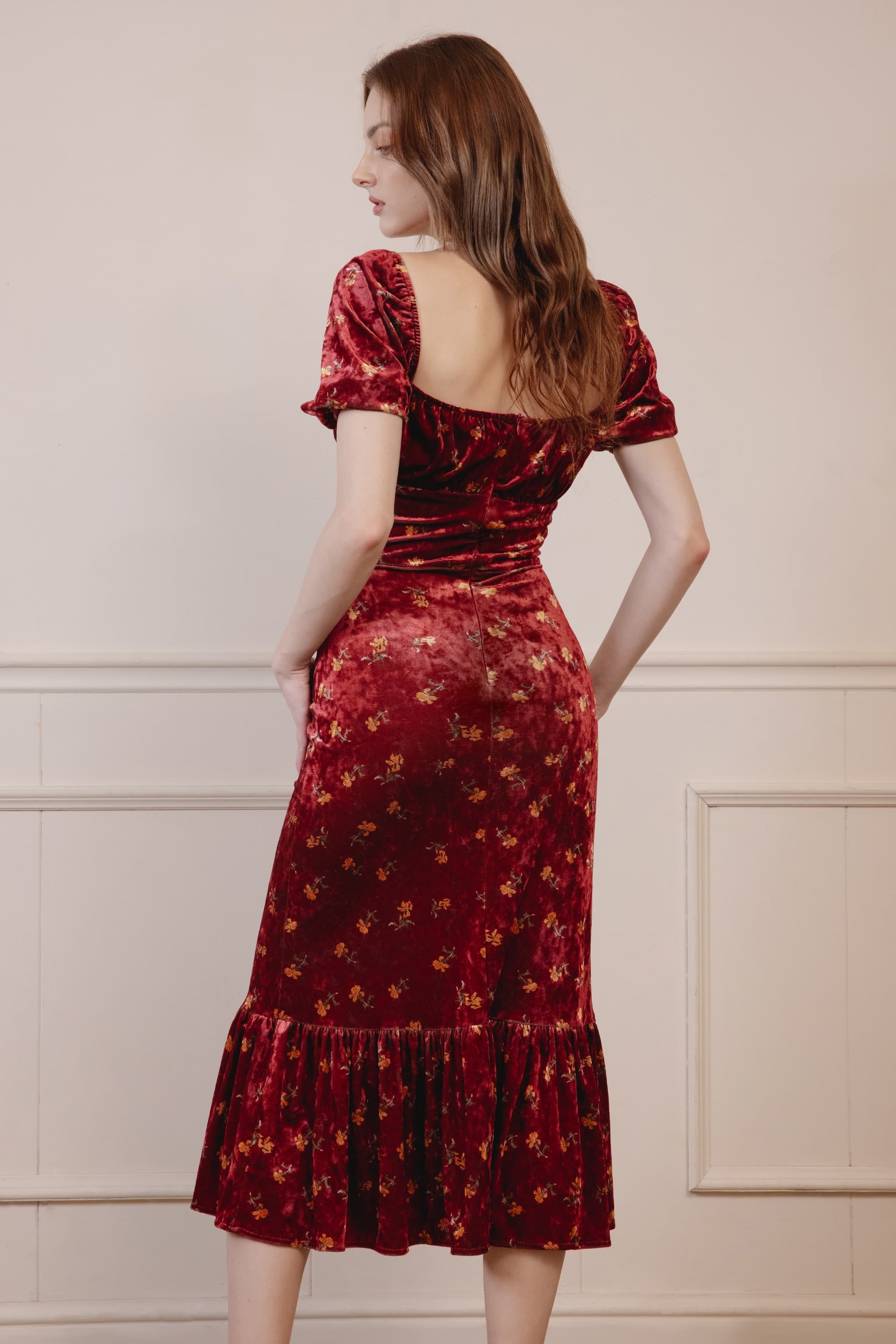 Brielle Floral Velvet Midi Dress in Burgundy Red